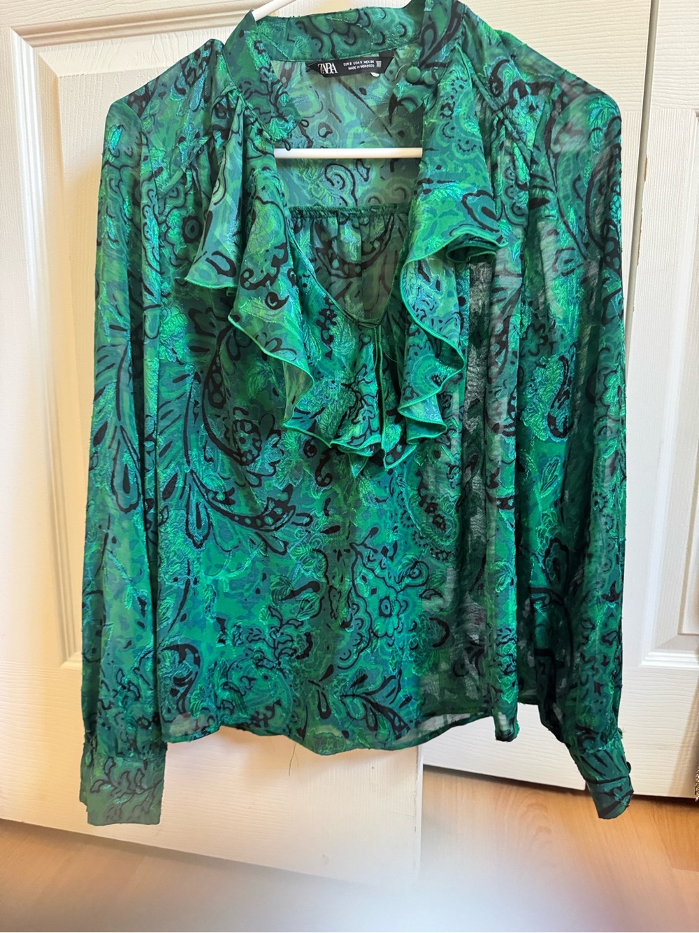Zara Emerald Green Ruffle Paisley Blouse